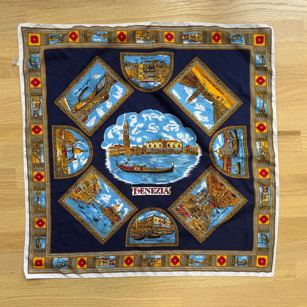 Vintage Venezia Italy Souvenir Scarf Blue Multicolor Travel Landmark Print